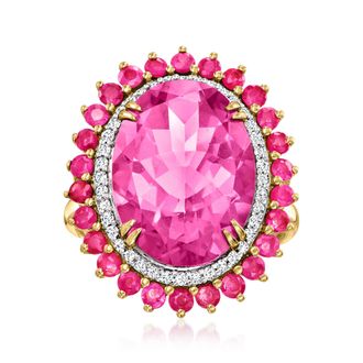 Ross-Simons Pink Topaz and. Ruby Cocktail Ring With. Diamonds in 14kt Yellow Gold