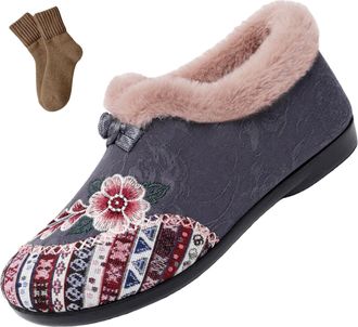 Generic Womens Warm Floral Winter Ankle Boots, Fur Lined Warm Plush, Soft-Soled Non-slip Boots Everyday Shoes (02,5.5)