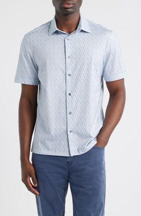 Bugatchi Milo OoohCotton Abstract Print Short Sleeve Button-Up Shirt in Air Blue at Nordstrom, Size Xxx-Large