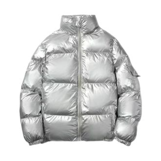 Generic Winter Puffer Jackets for Men Metallic Shiny Quilted Bubble Coats Zip Up Stand Collar Warm Thicken Padded Outerwear Silver