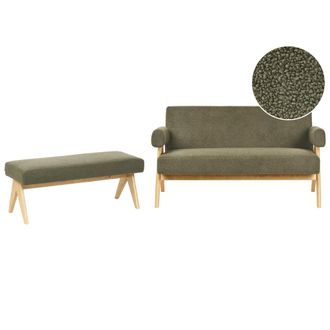 Beliani Conjunto De Sala De Estar Retro Sof&aacute; 2 Plazas Banco Tapizado De Boucl&eacute; Patas De Madera Verde Y Marr&oacute;n Claro Tamre