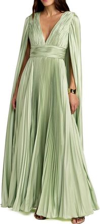 Mac Duggal Pleated Charmeuse V-Neck Gown with Cape Sleeves in Sage at Nordstrom, Size 12