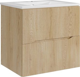 Vente-Unique Mueble de ba&ntilde;o suspendido estriado con lavabo encastrado - Natural claro - 60 cm - ORISO