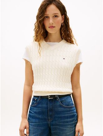 Tommy Hilfiger Womens Cable Knit V-Neck Sweater Vest - Beige - XL