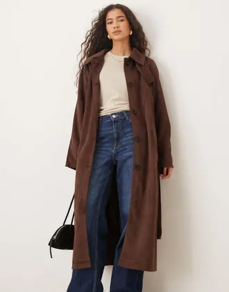 Asos Trench in camoscio sintetico color cioccolato con collo a imbuto-Marrone