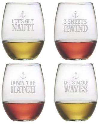 SUSQUEHANNA GLASS Set of 4 Down the Hatch Stemless Wine Glasses
