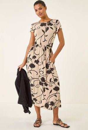 Roman Shadow Floral Print Pocket Midi Dress