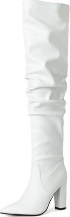 Generic Womens Fashion Pleated Wide Calf Pull On Over The Knee Thigh High Riding Boots Pointed Toe Block High Heel Pumps Shoes (White,7.5)