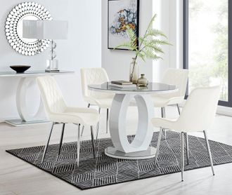 Furniturebox Giovani Round 4 Seat 100cm White High Gloss Halo Base Grey Glass Top Dining Table 4 Soft Velvet Silver Leg Pesaro Chairs in Cream