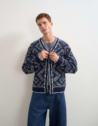 Topman cardigan lavorato a maglia a rombi vestibilit&agrave; comoda blu navy