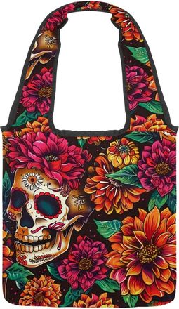 Generic Art Suger Florals Skull Reversible Canvas Shoulder Tote - Double-Sided Print, 12oz Cotton, 27cm Drop, Fold-Flat Bag for Travel, Shopping, Street Outin