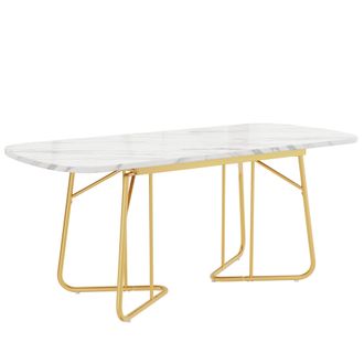 STILVORA Mesa De Comedor Extensible Con Tablero Efecto M&aacute;rmol Y Patas De Metal Dorado, Estilo Moderno, En Mdf, Blanco