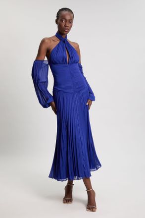 Karen Millen Womens Crinkle Cold Shoulder Georgette Woven Maxi Dress - Blue - Size 12 UK