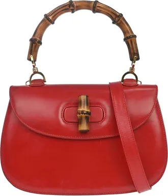 Gucci Vintage Convertible Bamboo Top Handle Leather Red Leather Handbag (Pre-Owned)