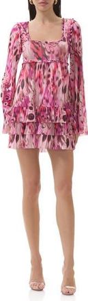 AFRM Madison Abstract Print Long Sleeve Tiered Mesh Minidress in Berry Butterfly at Nordstrom Rack, Size X-Small