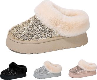 Generic Platform Slippers Glitter Slippers Womens Platform Flat Boots Glitter Sequin Boot Warm Winter Snow Boots Non-Slip Faux Fur Comfy Winter Shoes Indoor O
