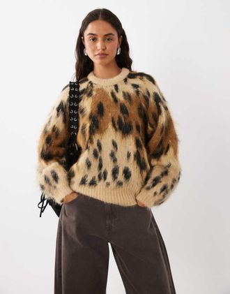 Asos maglione girocollo spazzolato leopardato marrone-Multicolore