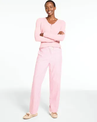 Talbots Waffle Knit Henley Pajama Set - Vertical Stripe - Rose Quartz - Medium Talbots