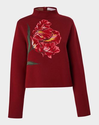 Carolina Herrera Intarsia-Knit Flower Funnel Sweater