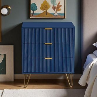 OEM Mesita De Noche Y Complemento - Azul Profundo - 3 Cajones - Patas Doradas - Dise&ntilde;o Moderno