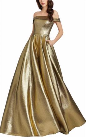 Mac Duggal Off The Shoulder Metallic Ball Gown In Gold