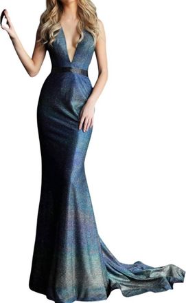 Jovani Low V Neck Embellished Belt Prom Dress In Navy/multi