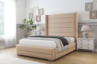 Comfort Beds Milano Plush Bed Frame With Mattress-50 Upholstered Wingback in Stone | Size: Small Double