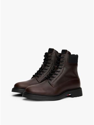 Tommy Hilfiger Mens Water-Repellent Leather Lace-Up Boot - Cocoa - US 11.5 / EU 45