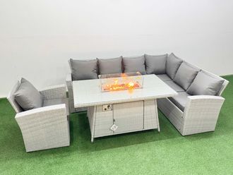 Fimous 7 Seat Rattan Garden Furniture Corner Sofa Set Gas Firepit Table Set in Light Grey