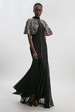 Karen Millen Womens Crystal Embellished Cutwork Cape Detail Woven Maxi Dress - Black - Size 14 UK