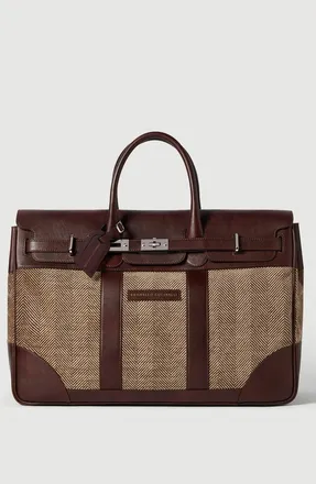 Brunello Cucinelli Burnished calfskin and chevron-effect techno fabric country bag in Brown at Nordstrom