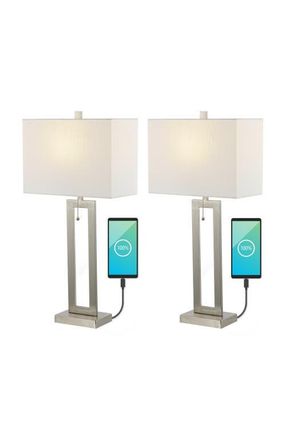 Jonathan Y Designs Sabrina 28.5 Vintage Industrial Iron LED Table Lamp with Pull-Chain and USB Charging Port in Nickel at Nordstrom