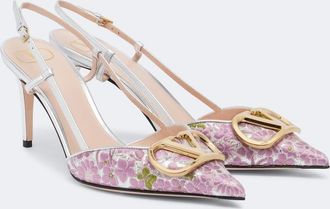 Valentino Garavani VLogo floral leather-trimmed slingback pumps