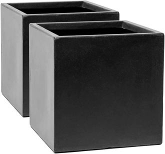 PRIMROSE Fibrecotta Dark Grey Square Cube Planters 40cm Set of 2