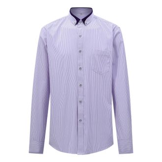 AlltheMen Mens Long Sleeve Shirt Plaid Button Down Business Formal Striped Dress Shirts Slim Fit Purple Striped S