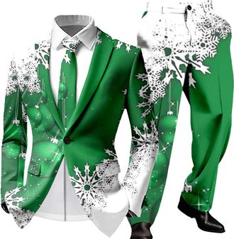 Generic Mens Suits Christmas Cute Cartoon Reindeer Snowflake Color Blovk Printed Coats and Trousers 2 Piece Sets Slim Fit Classic Xmas Holiday Jackets Novelty