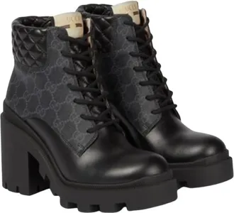 Gucci Black Monogram Leather and Canvas Biker Boots Size 38.5