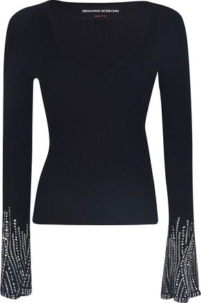 Ermanno Scervino Crystal Embellished Ribbed V-Neck Jumper Size XS