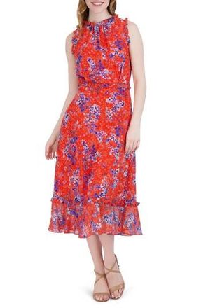 Julia Jordan Floral Swiss Dot Sleeveless Midi Dress in Orange Mul at Nordstrom Rack, Size 10
