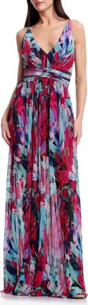 Dress The Population Taylor Metallic Floral Pliss&eacute; Gown in Bright Fuchsia Multi at Nordstrom, Size Xx-Large