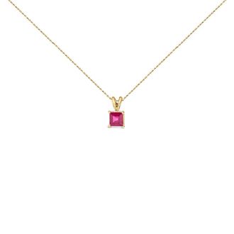 House of Brilliance 14K Yellow Gold 5x5 MM Square Shaped Red Ruby Solitaire Pendant Necklace