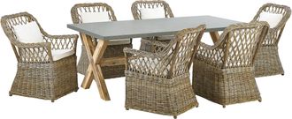 Beliani Conjunto De Comedor 6 Plazas De Rat&aacute;n Natural Gris Madera Clara Blanco Crema Hormig&oacute;n Cojines De Algod&oacute;n Jard&iacute;n Maros/olbia