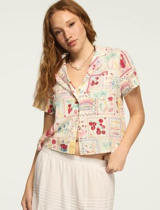 Lucky Brand Womens Printed Linen Camp Shirt