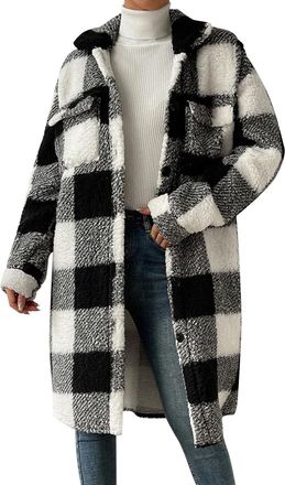 Generic Ladies Winter Coats Winter Jackets for Women Open Button Lapel Plaid Coat Loose Autumn Winter Long Outerwear(Black, XL)