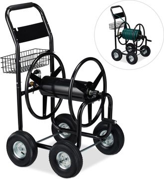 Relaxdays Carro Para Manguera, Cuatro Ruedas De Goma, Xl, Con Manivela, Para 60m, Metal, 114 X 64 X 90 Cm, 1 Ud., Negro - Relaxdays