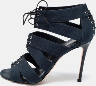 Gianvito Rossi Blue Canvas Lace Up Roxy Caged Sandals