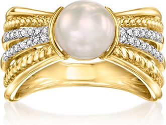 Ross-Simons 7.5-8mm Cultured Pearl Multi-Row Ring With. Diamonds in 18kt Gold Over Sterling