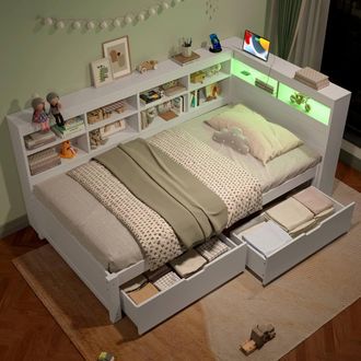 Merax 3ft Single Wood Daybed with LED, Bookcase, 2 Drawers Charging Station in White