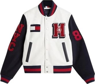 Tommy Hilfiger Logo Appliqu&eacute; Relaxed Varsity Jacket - Heren - Bomber jackets - Wit - S - Katoen - Jassen
