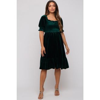 Pinkblush Velvet Smocked Puff Sleeve Dress in Forest Green at Nordstrom, Size Medium